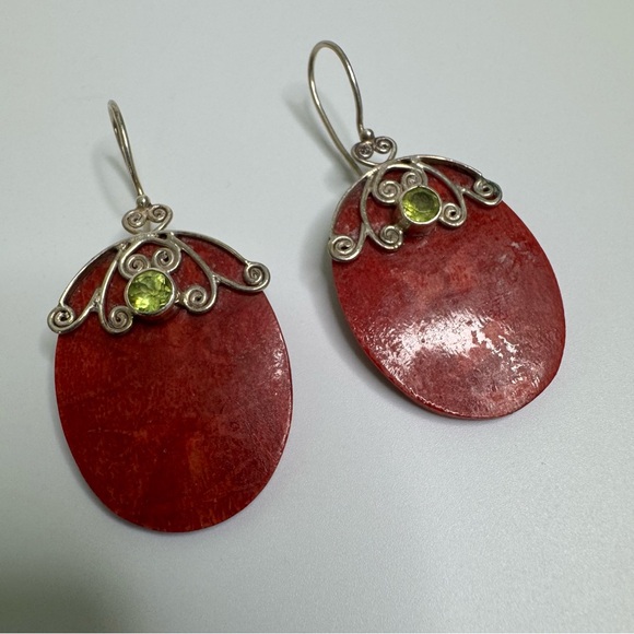 Coral and Peridot Sterling Silver Earrings Oval 925 Scrolled Hook Wires Bohemian - Picture 7 of 13